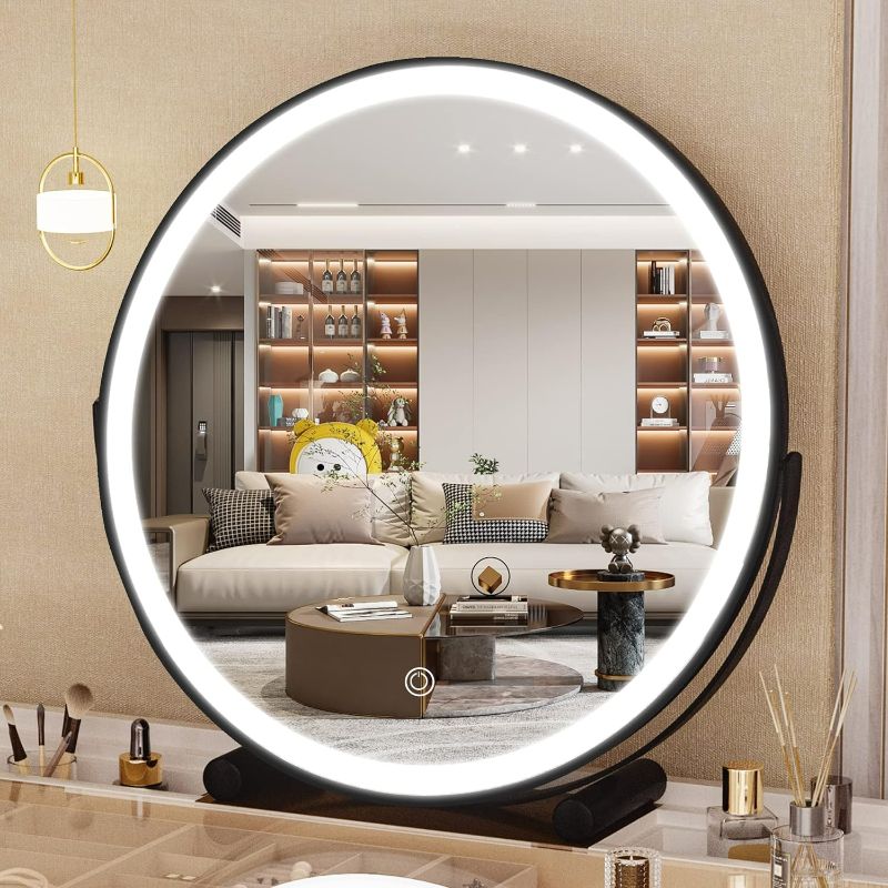 Photo 1 of Hasipu Vanity Mirror with Lights, 24" LED Makeup Mirror, Lighted Makeup Mirror with Lights, Smart Touch Control 3 Colors Dimmable Round Mirror 360°Rotation Black Black Round Led 24" x 24"