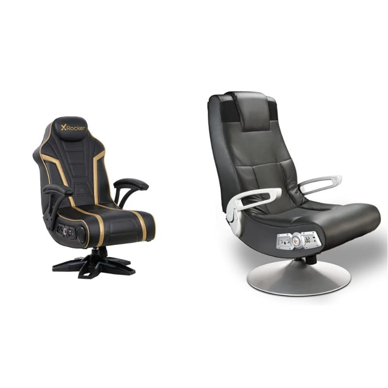 Photo 2 of X Rocker 5152301 Trident Pedestal 4.1 Wireless, 31.89" x 25.98" x 40.55", Black/Gold & Wireless Pedestal SE 2.1 PC Office Gaming Chair, 30.7" x 23.2" x 39.76", Black
