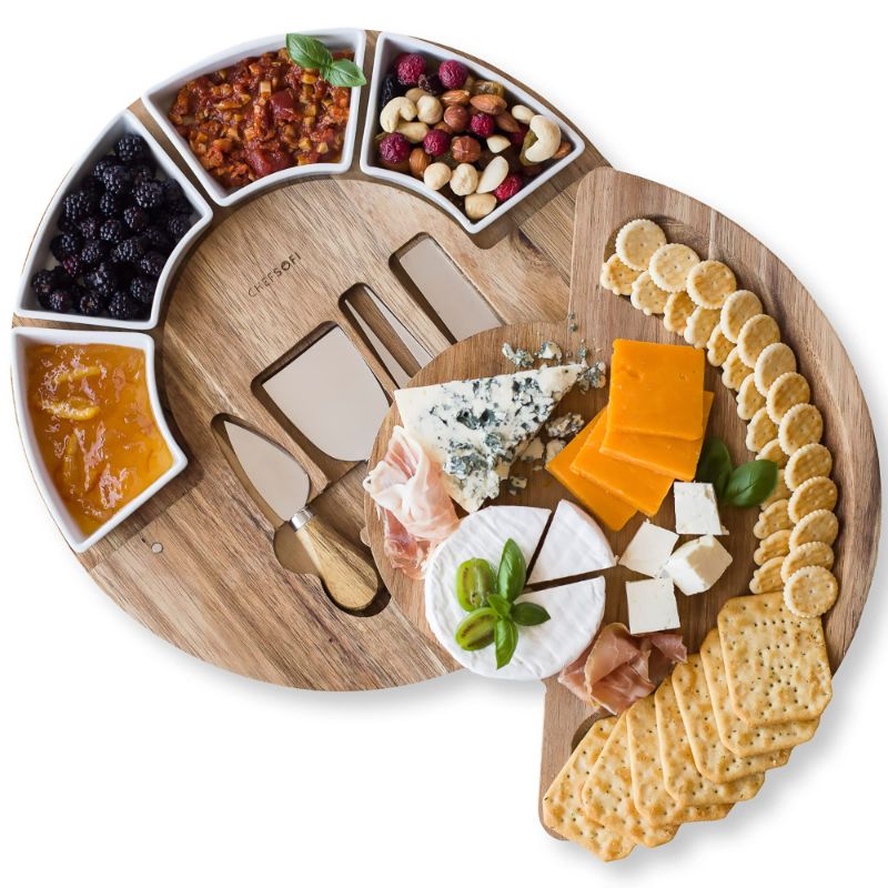 Photo 1 of Cheese Board Set - Charcuterie Board Set and Cheese Serving Platter - Made from Acacia Wood - US Patented 13 inch Cheese Cutting Board and Knife Set for Entertaining and Serving - 4 Knives and 4 Bowls