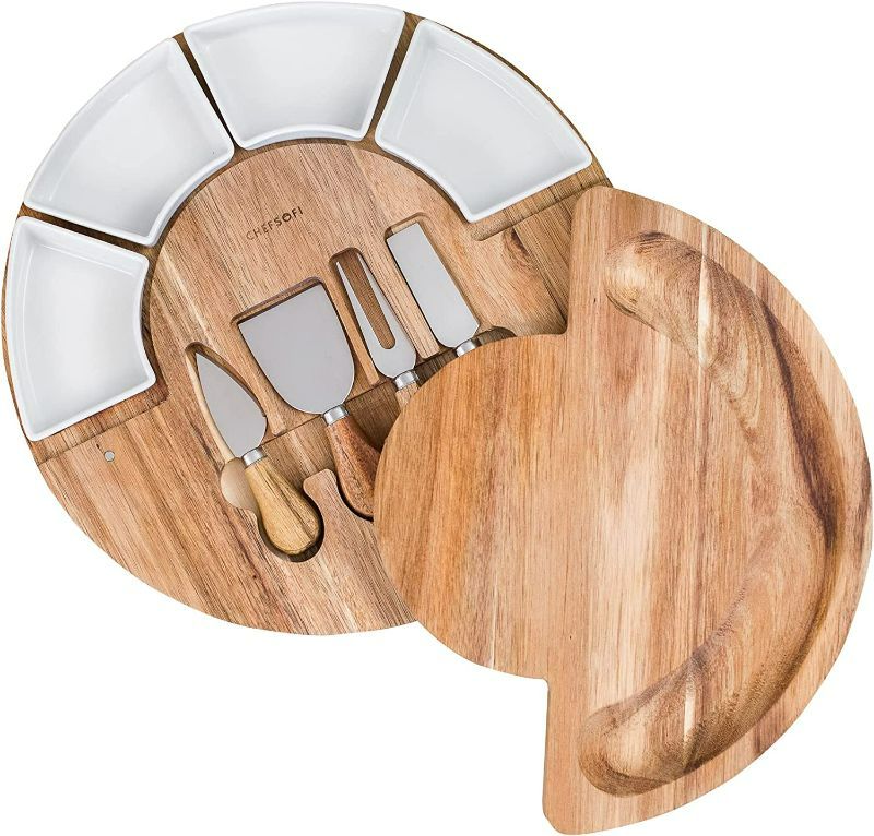 Photo 3 of Cheese Board Set - Charcuterie Board Set and Cheese Serving Platter - Made from Acacia Wood - US Patented 13 inch Cheese Cutting Board and Knife Set for Entertaining and Serving - 4 Knives and 4 Bowls