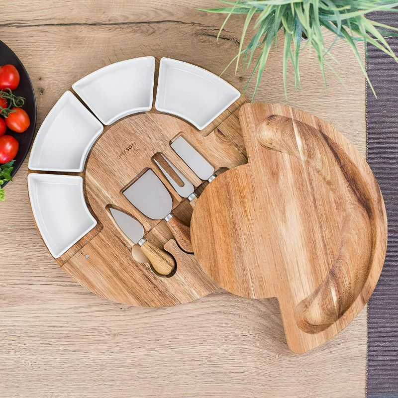 Photo 4 of Cheese Board Set - Charcuterie Board Set and Cheese Serving Platter - Made from Acacia Wood - US Patented 13 inch Cheese Cutting Board and Knife Set for Entertaining and Serving - 4 Knives and 4 Bowls