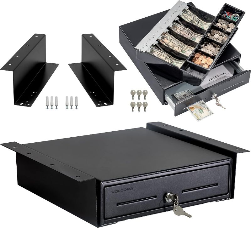 Photo 1 of Cash Register Drawer with Under Counter Mounting Metal Bracket - 13" Black Cash Drawer for POS, 4 Bill 5 Coin Cash Tray, Fully Removable 2-Tier Compartment 24V RJ11/RJ12 Key-Lock, 2 Media Slots