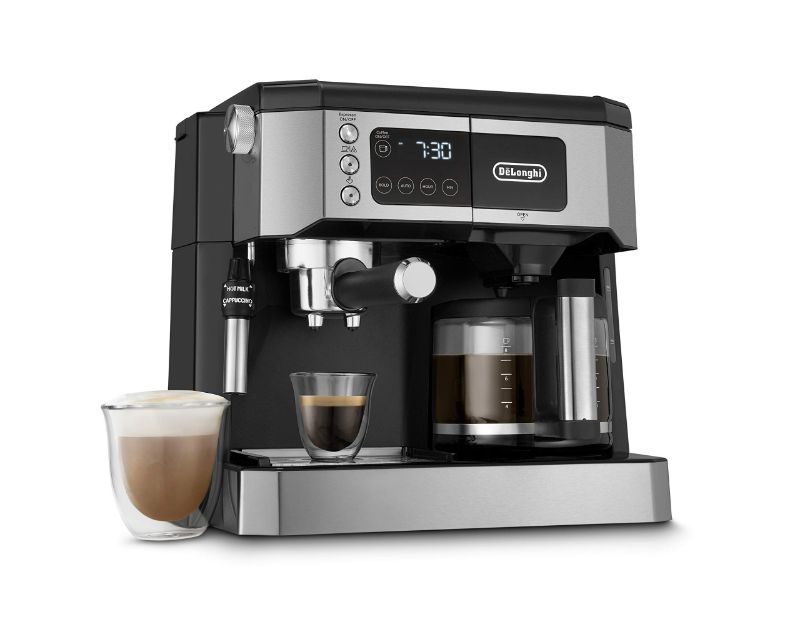 Photo 1 of De'Longhi All-in-One Combination Coffee Maker & Espresso Machine + Advanced Adjustable Milk Frother for Cappuccino & Latte + Glass Coffee Pot 10-Cup, COM532M