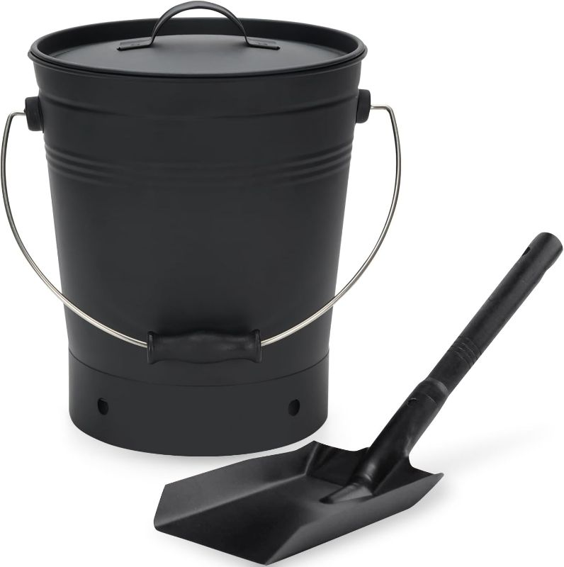Photo 1 of INNO STAGE Ash Bucket with Lid and Wood Handle Coal Shovel, Ash Carrier Pail Fireplace Tools,Fire Pit,Wood Burning Stove Black