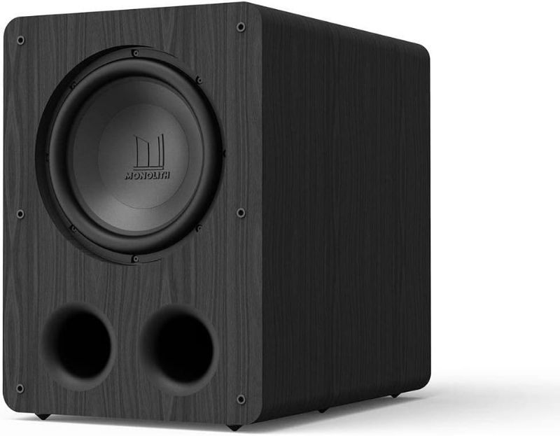 Photo 1 of Monolith M-12 V2 12-Inch THX Certified Ultra 500 Watt Powered Subwoofer - Low Distortion, High Power Output, Vented HDF Cabinet, RCA and XLR Inputs, for Home Theater Systems, Black Ash Finish
