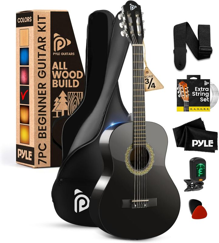 Photo 1 of Pyle Beginner Acoustic Guitar Kit, 3/4 Junior Size Instrument for Kids, Adults, 36" Black gloss
