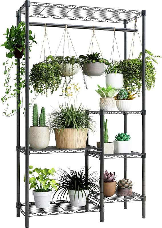 Photo 1 of Xiofio Plant Stands for Indoor Plantsd Outdoor Plant Shelf, 6 Tier 16 Pots Flower Pots Holder Storage Shelf Flower Stands With hanger rod for Living Room Balcony and Garden,Black
