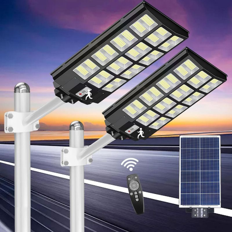 Photo 1 of Solar Street Lights Outdoor, Motion Sensor Led Solar Outdoor Lights with Remote Control & Arm Pole, 7000K 100000LM IP66 Waterproof Dusk to Dawn Solar LED Lights Lamp for Garden Yard (1000W-2 Pack)
