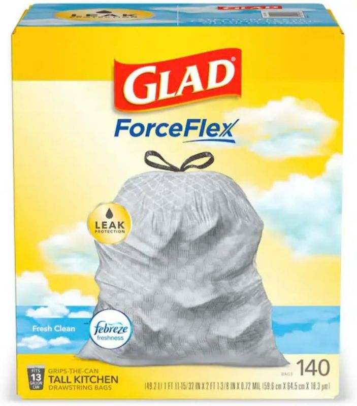 Photo 1 of Glad ForceFlex 13 Gal. Tall Kitchen Drawstring trash bags, 13 gallon trash bag for kitchen trash can Fresh Clean Scent with Febreze Freshness (140-Count) (Some Bags Missing)
