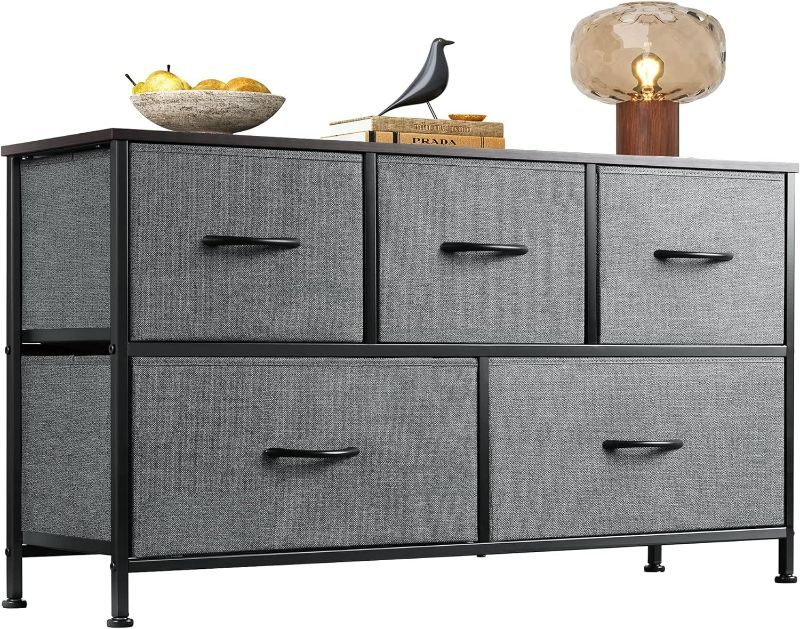 Photo 1 of WLIVE Dresser for Bedroom with 5 Drawers, Wide Chest of Drawers, Fabric Dresser, Storage Organizer Unit with Fabric Bins for Closet, Living Room, Hallway, Dark Grey
