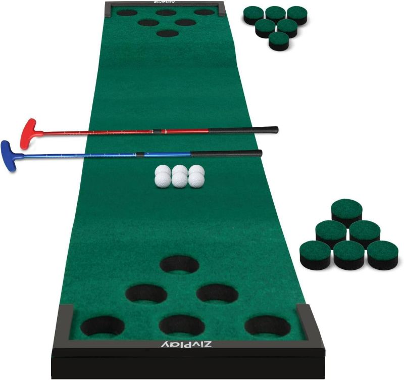 Photo 1 of Golf Pong Putting Game Set Includes Golf Putting Game Mat 2 Adjustable Putter 6 Golf balls Carry Bag for Golf Pong Game at Backyard Beach Home Indoor 11 Feet Color Green
