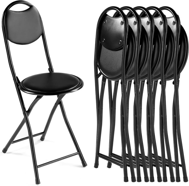 Photo 1 of 6 Pcs 12 Inch Folding Bar Stool Cushioned Padded Folding Stool with Back Portable Counter Height Folding Chairs Upholstered Foldable Stool Chair for Adults Kitchen Dining(Black)
