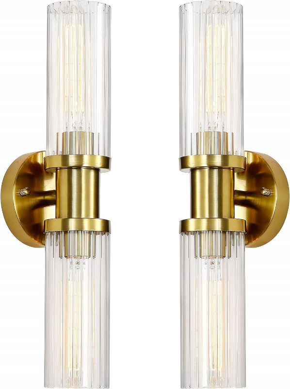 Photo 1 of Cylinder Wall Sconces Set of Two,Gold Bathroom Vanity Light Fixtures, Modern Brushed Brass Sconces Lighting with Textured Glass Shade Wall Lamp Over Mirror for Bedroom Living Room Hallway?2 Pack?
