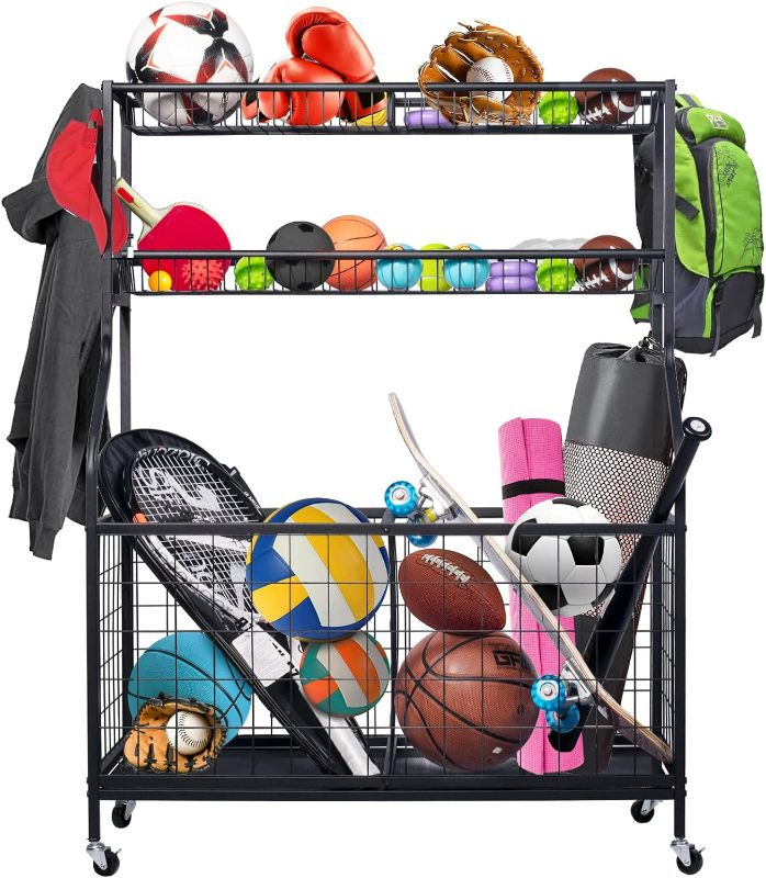 Photo 1 of Oududainzi Garage Sports Equipment Organizer, Sports Ball Storage, Ball Holder with 2 Long Baskets, 2 Ball Cart and 4 Hooks, Yoga Mat Storage Racks, Rolling Ball Cart for Sports and Fitness Equipment
