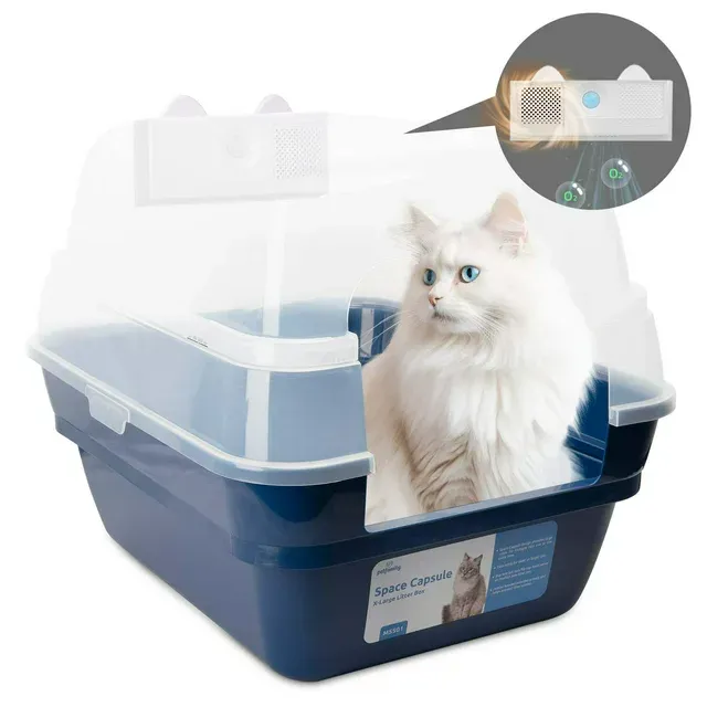 Photo 1 of Petfamily Extra Large Cat Litter Box with Deodorizing Module, Navy Blue, 21.60 x 17.80 x 17.30 in
