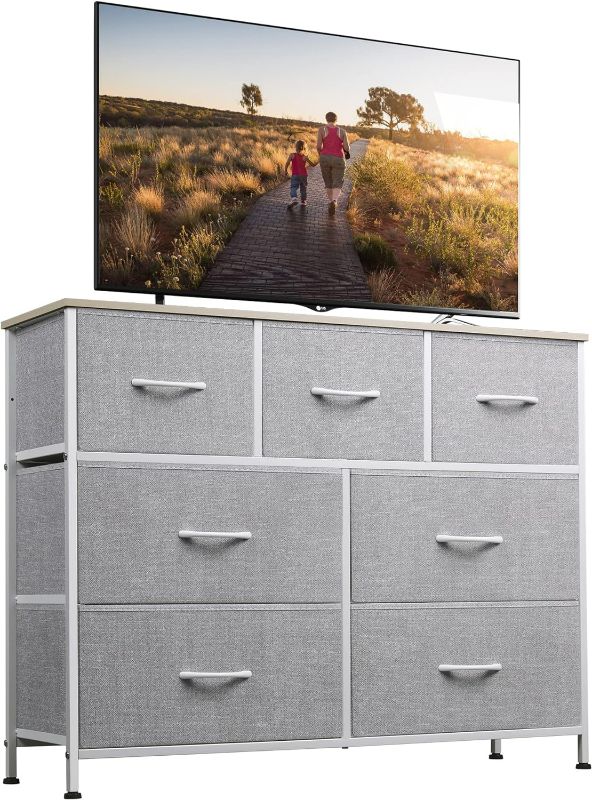 Photo 1 of WLIVE Dresser TV Stand, Entertainment Center with Fabric Drawers, Media Console Table with Metal Frame and Wood Top for TV up to 45 inch, Chest of Drawers for Bedroom, Living Room, Light Grey
