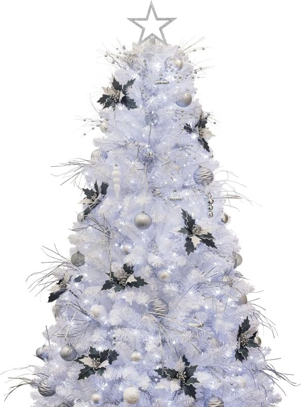 Photo 1 of KI Store 6ft White Christmas Tree with Ornaments and Lights Remote and Timer Silver and Blue Christmas Decorations Including 6 Feet Full Christmas Tree, Ornaments, 300 LED String Lights
