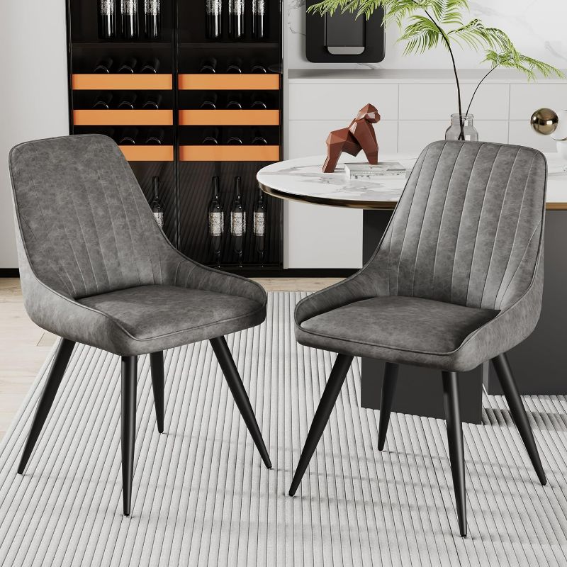 Photo 1 of Alunaune Upholstered Dining Chairs Set of 2 Modern Faux Leather Armless Kitchen Chairs, Mid Century Leisure Accent Chair Living Room Desk Side Chair with Metal Legs-Grey
