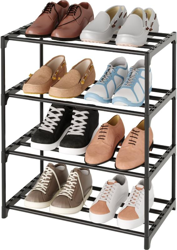 Photo 1 of Metal Small Shoe Rack,Stackable Kids Shoe Stand,Narrow Shoe Storage Shelf for 8-10 Pairs of Shoes Entryway And Closet Hallway (4-Tier, Silver)
