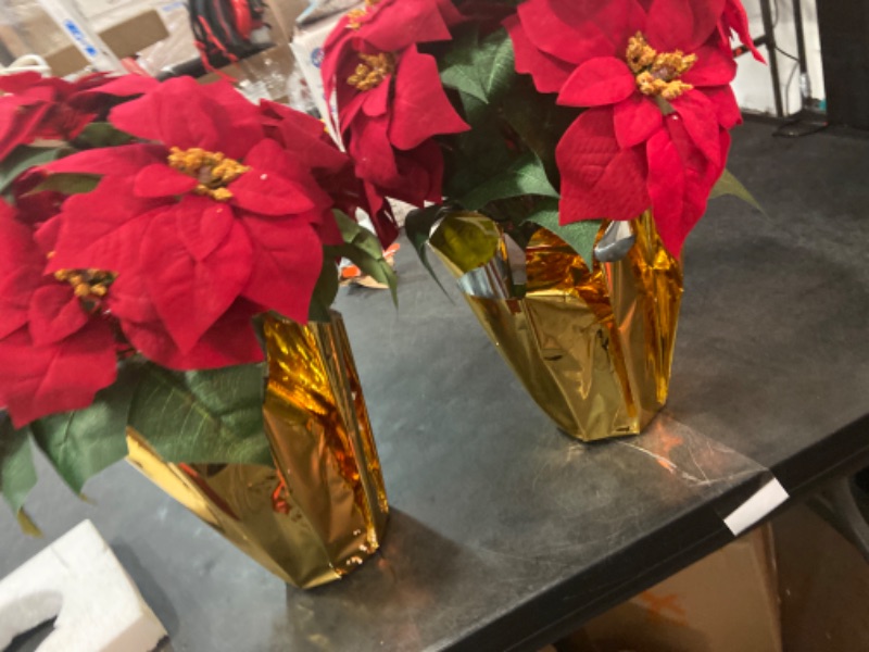 Photo 2 of 2 Pack Christmas Decorations Pre-Lit Artificial Poinsettia Plant - LED Lighted Faux Poinsettia Flowers(Red,10inch)
