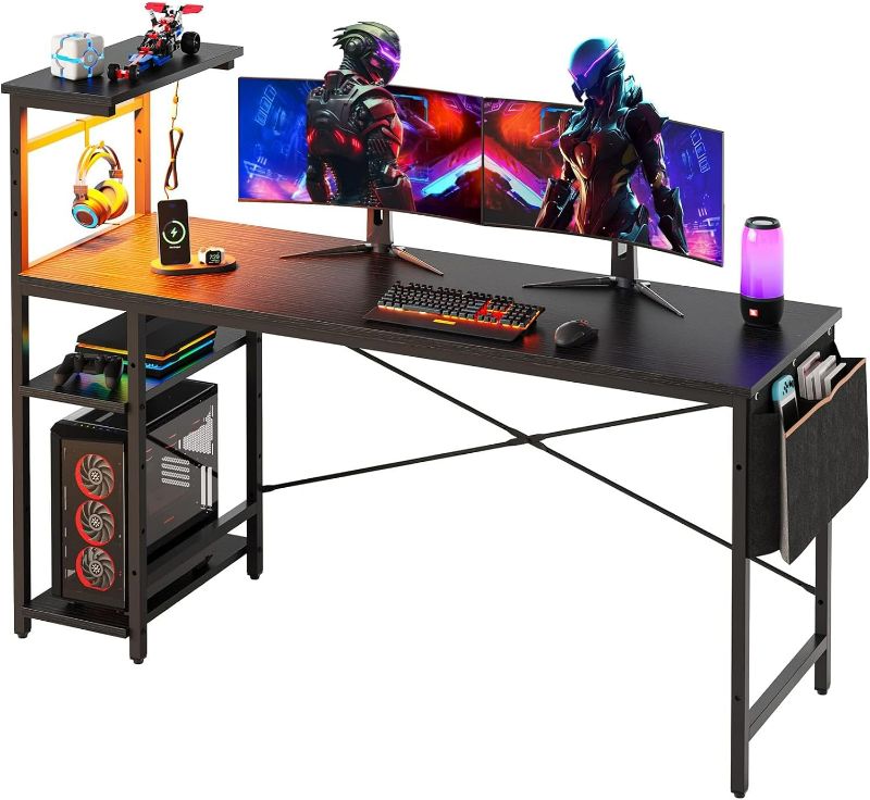 Photo 1 of Bestier Gaming Desk with Shelves, 61 Inch Large PC Gaming Table with LED Lights, Led Gamer Desk with 4 Tiers Reversible Storage Shelves for Game & Bedroom Room (Black Grained)
