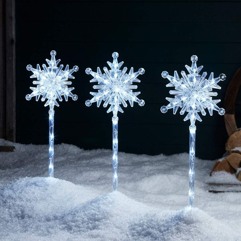 Photo 1 of Lights4fun, Inc. Set of 3 Snowflake Cool White LED Outdoor Christmas Holiday Pathway Markers
