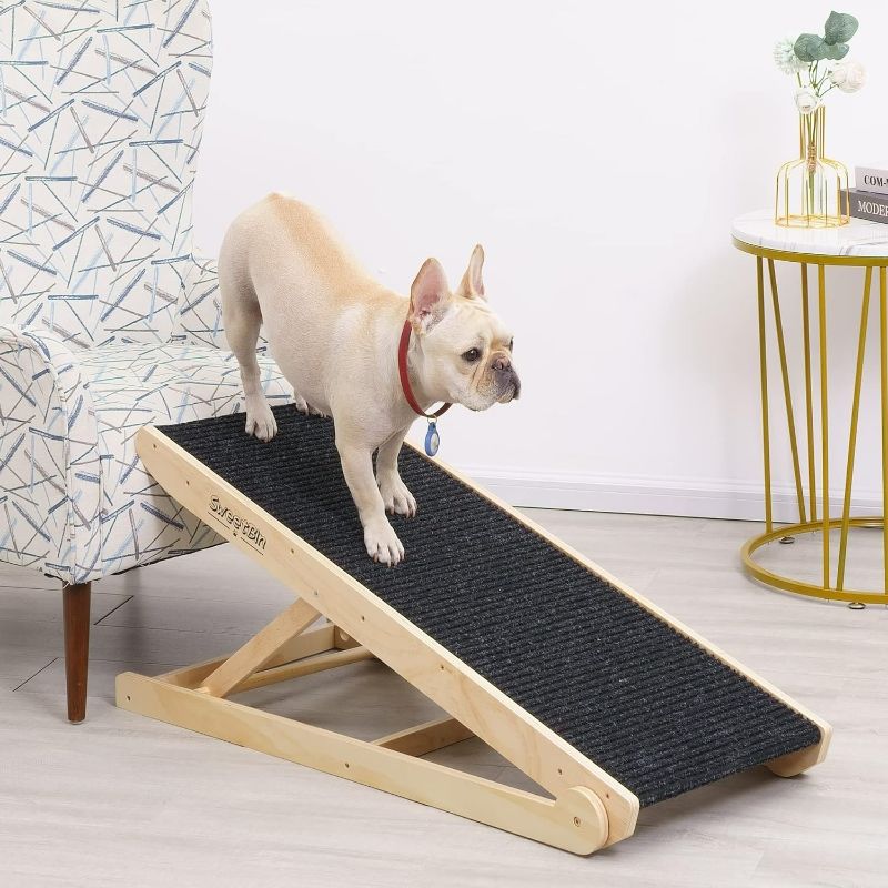 Photo 1 of Wooden Adjustable Pet Ramp for All Dogs and Cats - Non Slip Carpet Surface and Foot Pads - 41" Long and Adjustable from 12” to 24” - Up to 200LBS - Folding Dog Car Ramps for SUV, Bed, Couch
