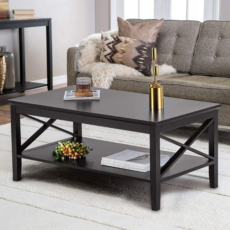 Photo 1 of ChooChoo Oxford Coffee Table with Thicker Legs, Black Wood Coffee Table with Storage for Living Room
