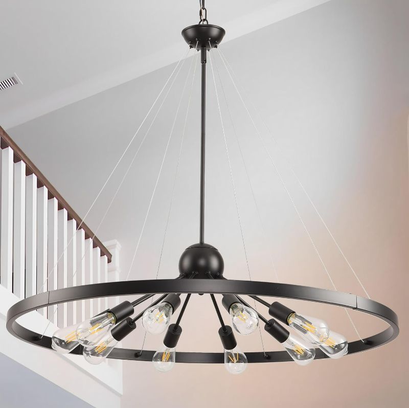 Photo 1 of 40'' Large Farmhouse Wagon Wheel Chandelier 10-Light Black Round Chandeliers for Dining Room Industrial Metal Round Sputnik Light Fixtures for High Ceilings Living Room Entryway, Vintage Iron
