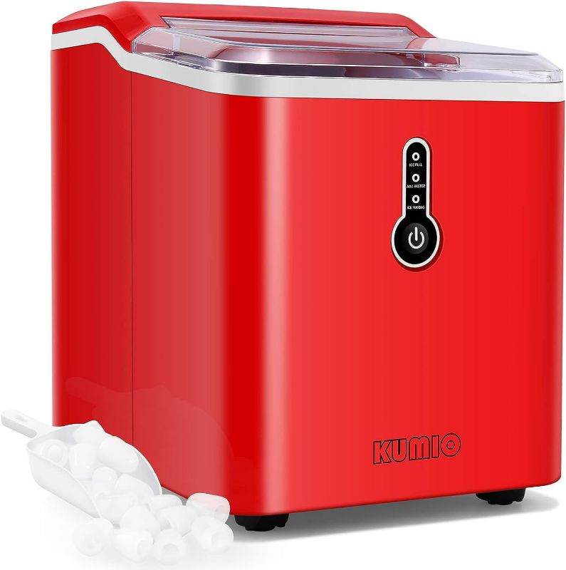 Photo 1 of KUMIO Ice Makers Countertop, 26.5 Lbs/24H, 9 Bullet Ice Ready in 6-9 Mins with Ice Scoop and Basket, Compact Portable Ice Maker for Home Office Camping Party RV, Red