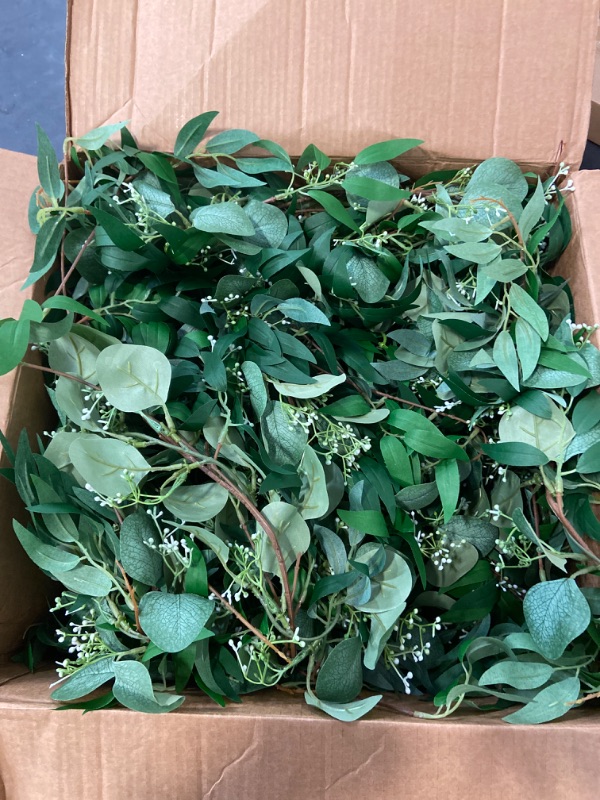 Photo 1 of 180 Pcs Eucalyptus Stems Decor Artificial Eucalyptus Leaves Greenery Stems Artificial Silver Dollar with White Seeds Grey Green Short Faux Leaves Branches Stems for Wedding Bouquet Farmhouse Decor