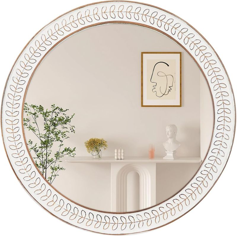 Photo 1 of 26 inch Round Mirrors for Wall, Wood Circle Mirror with Carved Frame, Rustic Accent Mirrors Distressed Decorative Mirrors for Living Room, Bedroom, Vanity, Entryway, Hallway, Bathroom - White
