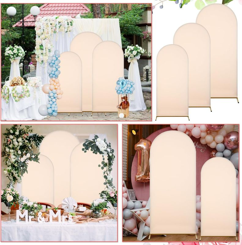 Photo 1 of Gisafai Set of 6 Metal Arch Backdrop Stand and Arch Backdrop Cover 4ft/5ft/6ft Wedding Arch Frame Stand Chiara Backdrop Stand with Spandex Arch Cover for Wedding Birthday Party Ceremony Decor (Beige)