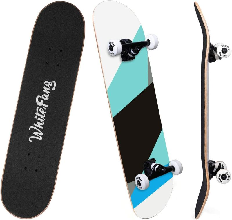 Photo 1 of WhiteFang Skateboards for Beginners, Complete Skateboard 31 x 7.88, 7 Layer Canadian Maple Double Kick Concave Standard and Tricks Skateboards for Kids and Beginners