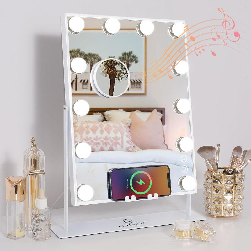 Photo 1 of FENCHILIN White Vanity Mirror with Lights Wireless Charger and Speaker Hollywood Makeup Mirror with 12 Dimmable Bulbs 3 Color for Glam Room Bedroom Detachable 10X Magnification