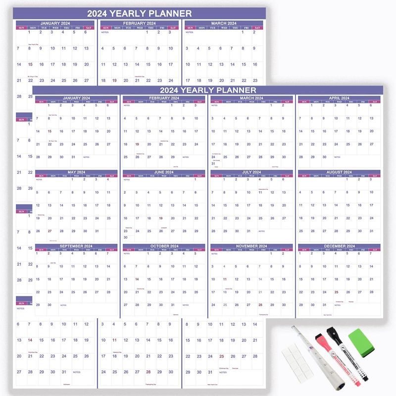 Photo 1 of 2024 Wall Calendar Erasable 32"x48" Wet & Dry Erase Laminated 12 Month Annual Yearly Wall Calendar,2-Sided Vertical/Horizontal, Reversible,Erasable & Reusable Calendar for Home Office School (Purple)