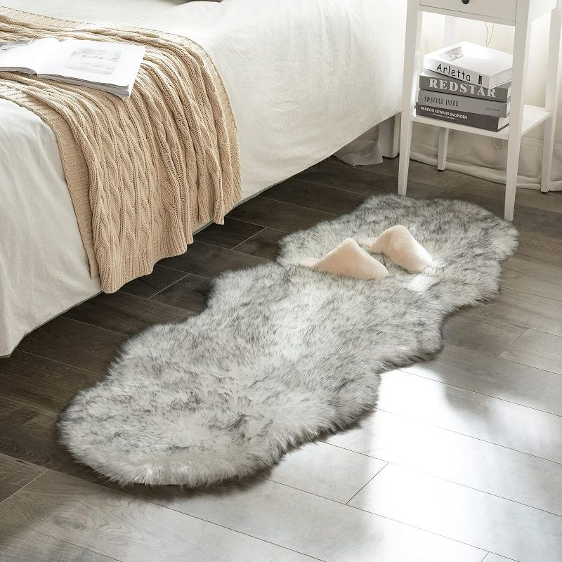 Photo 1 of MIULEE Luxury Super Soft Fluffy Area Rug Faux Fur Sheepskin Rug Decorative Plush Shaggy Carpet for Bedside Sofa Floor Nursery 2 x 6 Feet, Gradient Grey