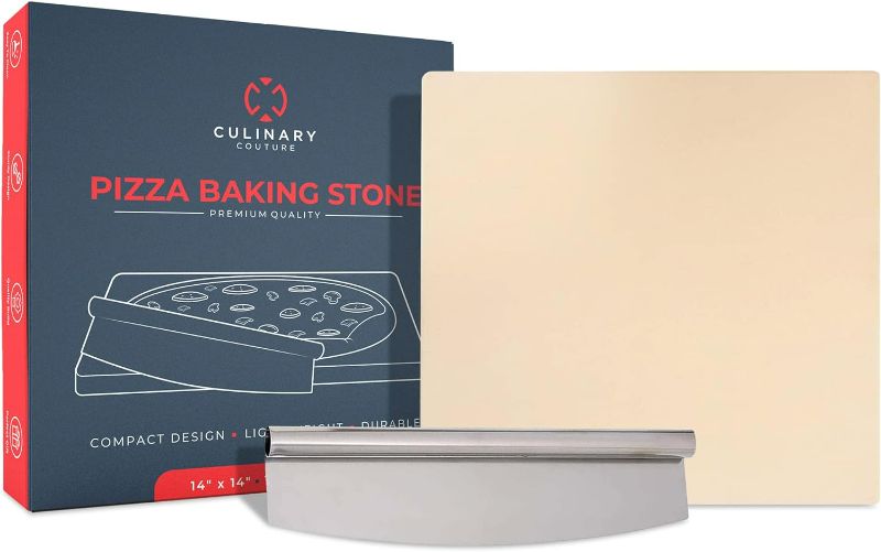 Photo 2 of Culinary Couture 14" Square Pizza Stone for Oven and Grill with Pizza Cutter - Cordierite Baking Stone for Bread, Calzone, Cookies - Oven and Grill Pizza Stone for Outdoor Grill