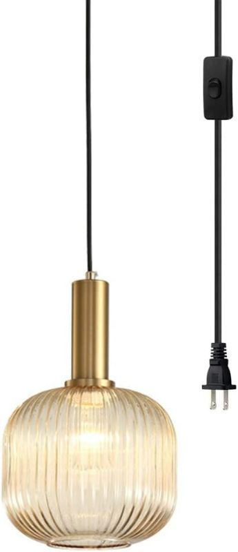 Photo 1 of Pobllem Mid Century Modern Pendant Light 1-Light Gold Chandelier Ceiling Light Fixtures with Classic Striped Lantern Design, Plug in Hanging Light for Bedroom Living Dining Room Hallway (Amber)