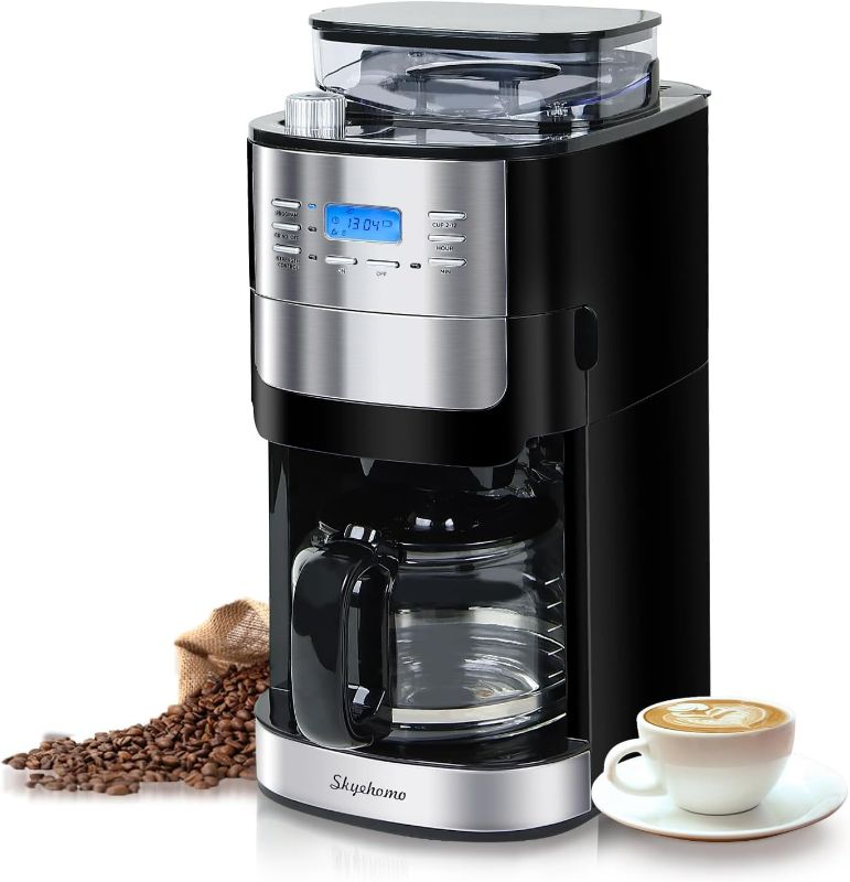 Photo 1 of skyehomo 12 Cup Drip Coffee Maker with Built-In Burr Coffee Grinder, Programmable Coffee Machine with Timer, Glass Carafe, Reusable Filter, Warming Plate for Home and Office. 1.5L Water Tank
