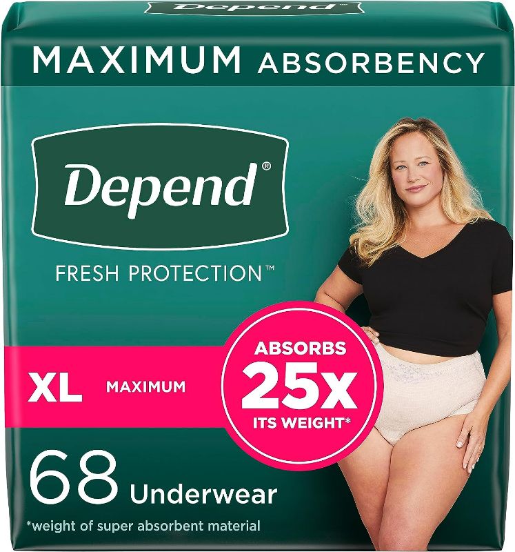 Photo 1 of Depend Fresh Protection Adult Incontinence Underwear for Women (Formerly Depend Fit-Flex), Disposable, Maximum, Extra-Large, Blush, 68 Count (2 Packs of 34), Packaging May Vary size xl

