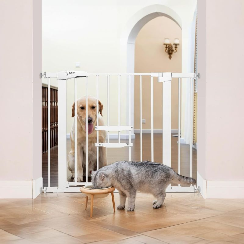 Photo 1 of BABELIO New Version Baby Gate with Cat Door, 29-40" Metal Cat Gate for Stairs & Doorways, Easy Walk Thru Dog Gate with Pet Door, with Wall Cups, White
