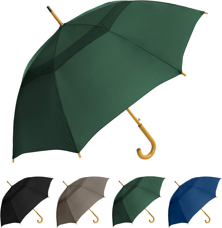 Photo 1 of STROMBERGBRAND UMBRELLAS The Vented Urban Brolly 48" Arc Auto Open Large Classic Umbrella with Wooden Hook Handle, Vintage Style Heavy Duty Windproof Long Curved Handle Umbrella for Rain(Hunter Green)
