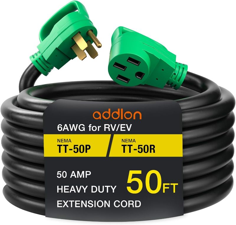 Photo 1 of addlon 50 Amp 50 Feet RV/EV Extension Cord with Adapter 30M/50F, Heavy Duty 6/3+8/1 STW AWG Gauge 4 Prong Power Cord, NEMA 14-50P to 14-50R, Tesla Model 3-S-X-Y,Black-Green, ETL Listed
