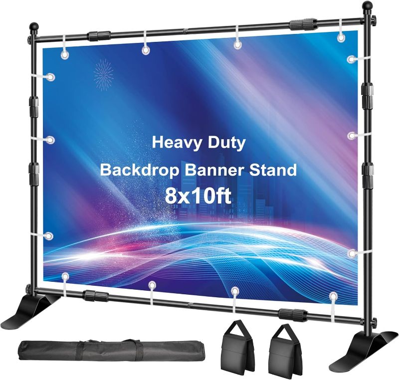Photo 1 of FUDESY Backdrop Banner Stand, 10x8ft Heavy Duty Display Frame Stand, Adjustable Metal Telescopic Tube, Step and Repeat Background Stand Kit for Trade Show, Photography Photo Booth, Party,with Sandbags
