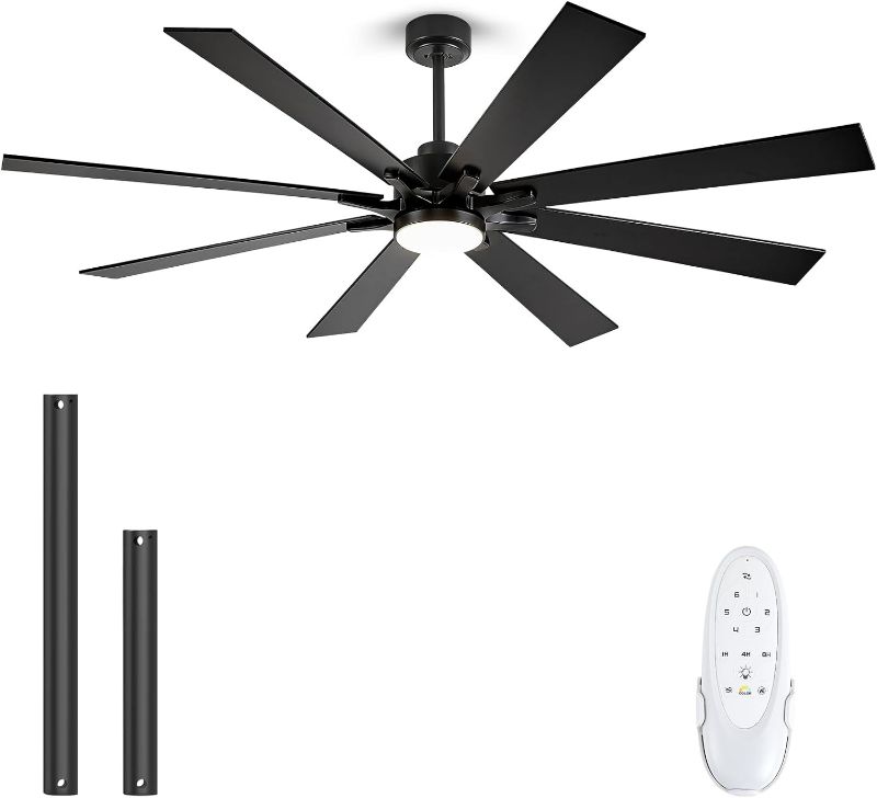 Photo 1 of 72 Inch Ceiling Fan with Lights, Large Outdoor Ceiling Fans with Light, Black Industrial Ceiling Fan 8 Blades For Great Room, Large Living Room Patio Farmhouse Damp Rated, Quiet Reversible DC Motor
