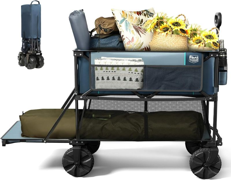Photo 1 of TIMBER RIDGE 400L Large Capacity Folding Double Decker Wagon, 54" Extra Long Extender Wagon Cart, 450lbs Heavy Duty Collapsible Wagon, All-Terrain Big Wheels for Camping, Sports, Shopping, Blue
