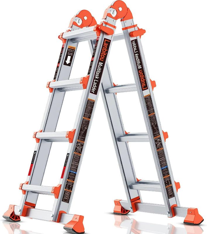 Photo 1 of LANBITOU Ladder, A Frame 4 Step Ladder Extension, 14 FT Anti-Slip Multi Position & Storage Folding Ladder, 330 lbs Security Load Telescoping Aluminum Ladders for Stairs Home Indoor Outdoor Roof
