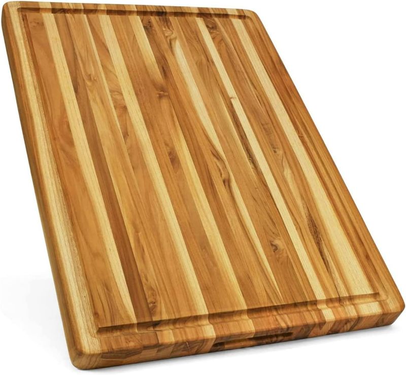 Photo 1 of BEEFURNI Teak Wood Cutting Board with Juice Groove Hand Grip, Extra large Wooden Cutting Boards For Kitchen, Chopping Board, Gifts for Husband, 1-Year Manufacturer Warranty (XL,24 x 18 x 1.5 inches)
