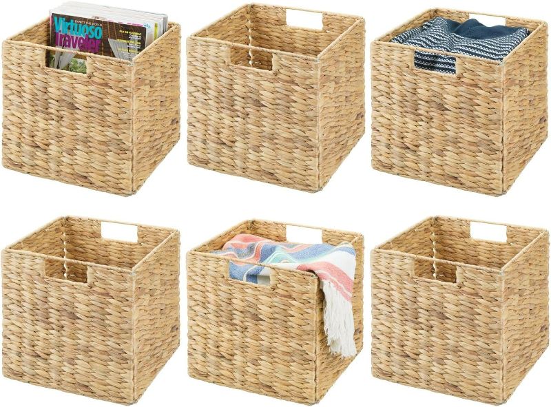 Photo 1 of mDesign Natural Woven Hyacinth Cube Organizer Basket with Handles, Storage for Bathroom, Laundry Room Shelf or Nursery - Perfect for Cubby Storage Units - Hold Blankets and Books - 6 Pack, Natural/Tan
